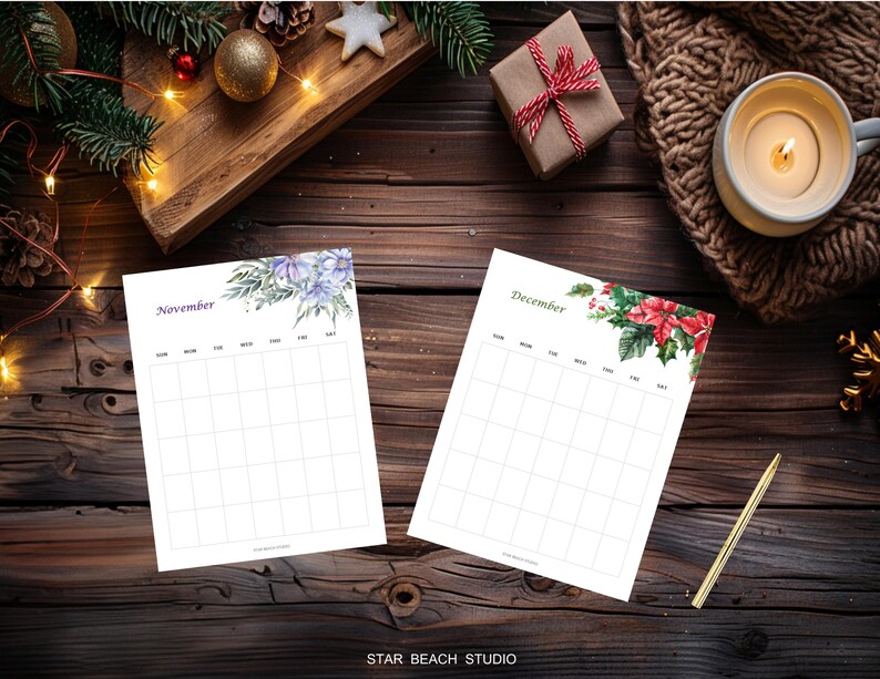 Floral Watercolor Undated Monthly Planner, 12 Month Printable Calendar ...