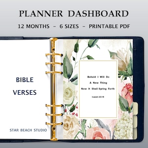 Planner floreale con versetti della Bibbia per 12 mesi, stampabile, formato lettera USA - A5 - mezza lettera - Happy Planner - personale - formati A4, PDF, goodnotes