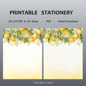 May include: Printable stationery with a lemon theme. The design features a watercolor illustration of lemons, leaves, and white blossoms. The stationery is available in US Letter and A4 sizes. The text "Printable Stationery" is at the top.