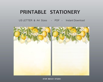 Papel imprimible de limones y flores, papelería de acuarela con cítricos de verano, papel A4/carta rayado y sin rayar, goodnotes, diario digital