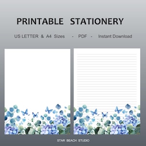 Ortensie blu con farfalle blu Carta da lettere stampabile, carta intestata a righe e non a righe, pagine di diario, goodnotes, carta digitale