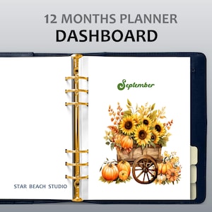 May include: A navy blue 12-month planner dashboard with gold accents. The September page features a watercolor illustration of sunflowers, pumpkins, and a wooden cart. The text "12 MONTHS PLANNER DASHBOARD" and "STAR BEACH STUDIO" are visible.