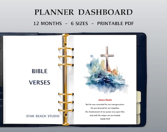 Jesus Bible Verses 12 Month Planner Dashboards Printable, US Letter- A5- Half Letter- Happy Planner -Personal -A4 Sizes, goodnotes, digital