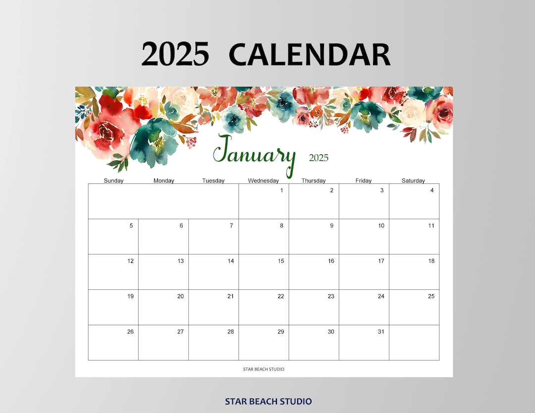 2025 Calendar Printable, Floral 2025 Monthly Planner, Wall or Desk Month at a Glance, Letter
