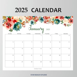 Calendario 2025 imprimible, planificador mensual floral 2025, vista general del mes para pared o escritorio, tamaño carta - A4, inicio en domingo, horizontal, PDF digital