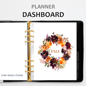 Agenda automne imprimable, tableau de bord couronne aquarelle florale automne, lettre US-A5-demi-lettre-Happy Planner-personnelle-formats PDF A4