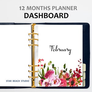 12 Monatskalender Blumenkalender Dashboard Printable, Planereinlagen, US Letter - A5 - Half Letter - Happy Planner - Personal - A4 Größen, Goodnotes