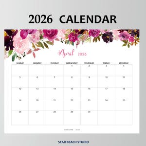 2026 Kalender DRUCKBAR, bearbeitbares PDF, 12-monatiger digitaler Blumenplaner, Wand-Tischkalender, Sun Start, Letter - A4-Größe, Goodnotes Bild 16