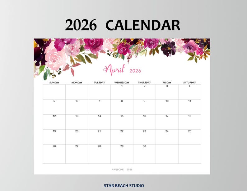 2026 Kalender DRUCKBAR, bearbeitbares PDF, 12-monatiger digitaler Blumenplaner, Wand-Tischkalender, Sun Start, Letter - A4-Größe, Goodnotes Bild 16