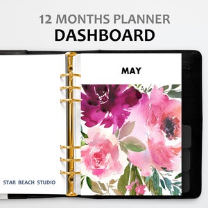 Monatliches Blumenplaner Dashboards druckbar, 12 Monate Deckblätter, US Letter - A5- Halb - Happy Planner -Personal -A4 Größe, Goodnotes