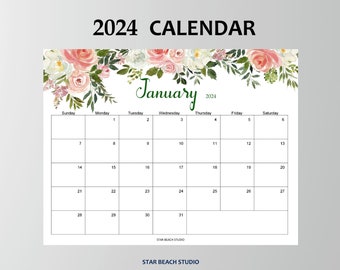 2024 Calendar Printable, Floral 2024 Monthly Planner, Wall or Desk Month at a glance, Letter - A4 Size, Sunday start, Landscape, Digital PDF