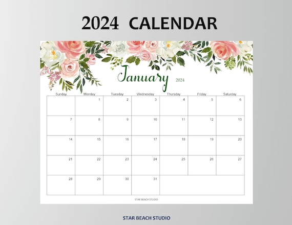 Calendrier 2024 imprimable, Agenda mensuel 2024 floral, mur ou bureau Mois  en un coup d'oeil, lettre format A4, début du dimanche, paysage, PDF  numérique -  France