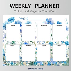 Planejador semanal para impressão, planejador resumido da semana floral sem data, deskpad botânico carta-A4, início de segunda-feira, planejador digital ipad Android