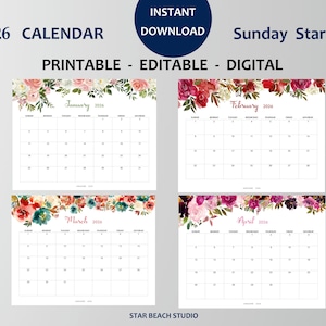 2026 Kalender DRUCKBAR, bearbeitbares PDF, 12-monatiger digitaler Blumenplaner, Wand-Tischkalender, Sun Start, Letter - A4-Größe, Goodnotes Bild 2