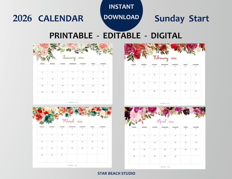 2026 Kalender DRUCKBAR, bearbeitbares PDF, 12-monatiger digitaler Blumenplaner, Wand-Tischkalender, Sun Start, Letter - A4-Größe, Goodnotes Bild 2