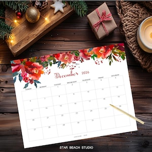 2026 Kalender DRUCKBAR, bearbeitbares PDF, 12-monatiger digitaler Blumenplaner, Wand-Tischkalender, Sun Start, Letter - A4-Größe, Goodnotes Bild 13