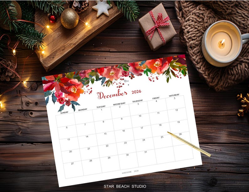 2026 Kalender DRUCKBAR, bearbeitbares PDF, 12-monatiger digitaler Blumenplaner, Wand-Tischkalender, Sun Start, Letter - A4-Größe, Goodnotes Bild 13