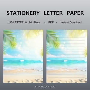 May include: Stationery letter paper with a beach theme. The design features a tropical beach scene with palm fronds, blue sky, and ocean waves. The text on the top says "STATIONERY LETTER PAPER". The paper is available in US Letter and A4 sizes.