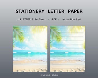 Tropical Beach Stationery: Watercolor Palm Trees, Lined & Unlined Paper (PDF Download A4/Letter Size)