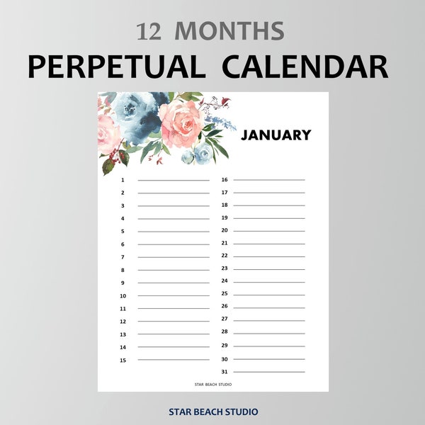 Perpetual Calendar Printable, Floral Calendar for Birthday - Anniversary - Annual events, Letter-A4 A5 Half Letter Medium sizes, goodnotes