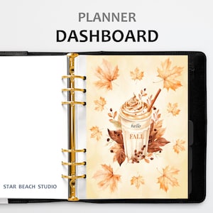 May include: A planner dashboard with a fall-themed design featuring a brown and white iced coffee drink with the text "hello fall" on the cup. The background is a light brown with watercolor-style orange and yellow leaves.