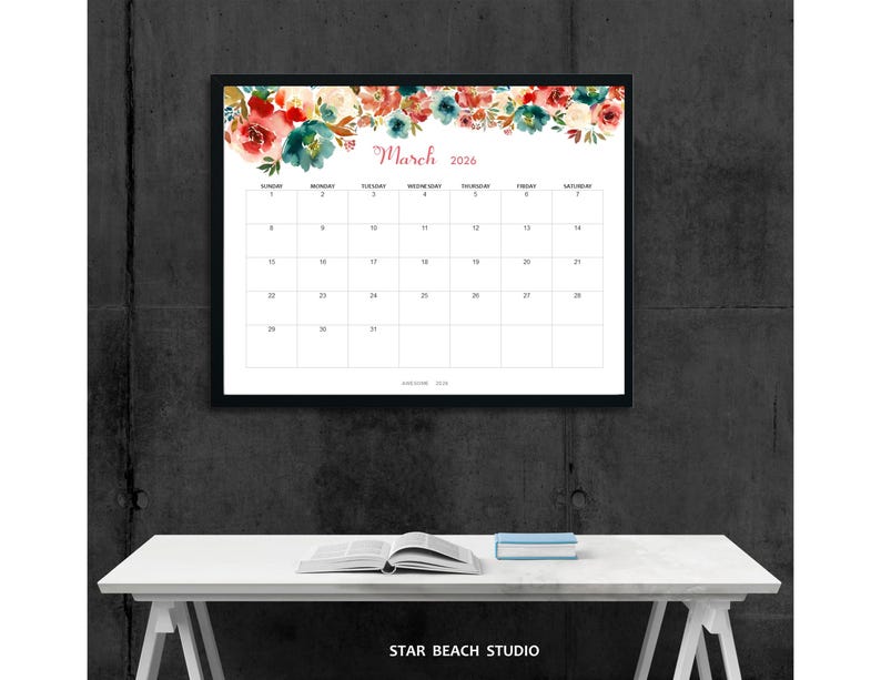 2026 Kalender DRUCKBAR, bearbeitbares PDF, 12-monatiger digitaler Blumenplaner, Wand-Tischkalender, Sun Start, Letter - A4-Größe, Goodnotes Bild 12