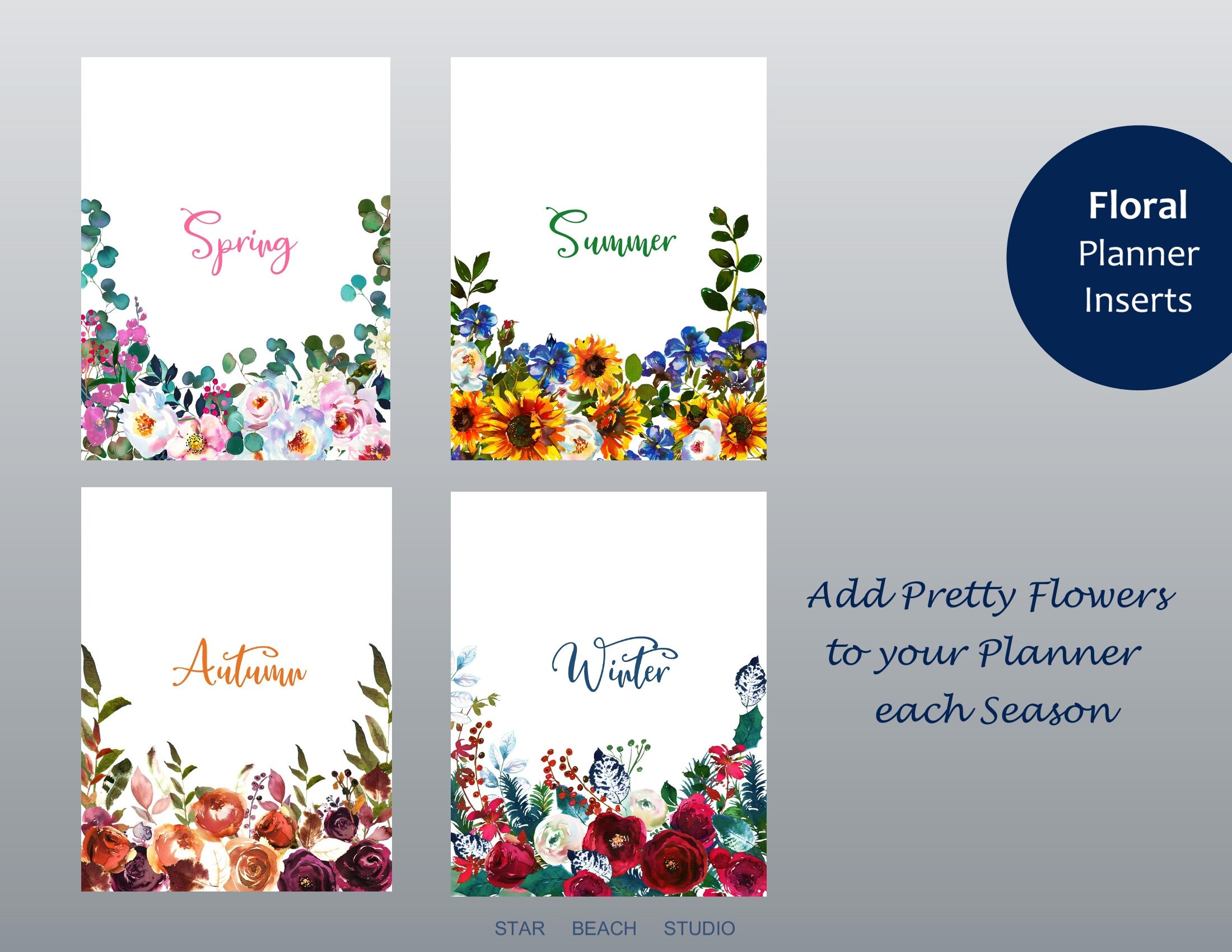 Floral Planner Dashboards Printable, 4 Seasons Spring Summer Fall ...