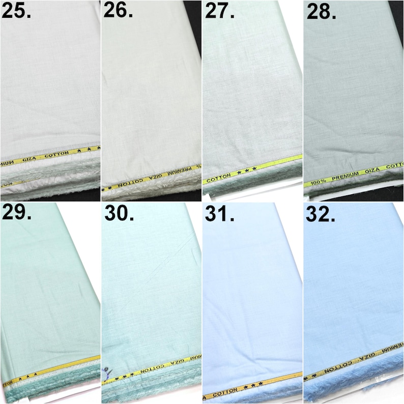 May include: A collection of eight fabric swatches labeled 25 through 32, featuring various shades of white, light green, and light blue. Each piece of Giza cotton fabric displays a yellow selvage edge with the printed text GIZA COTTON.