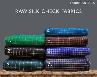 100% Silk Raw Silk Fabric with Golden Checks, Indian Dupioni Fabric by the yard