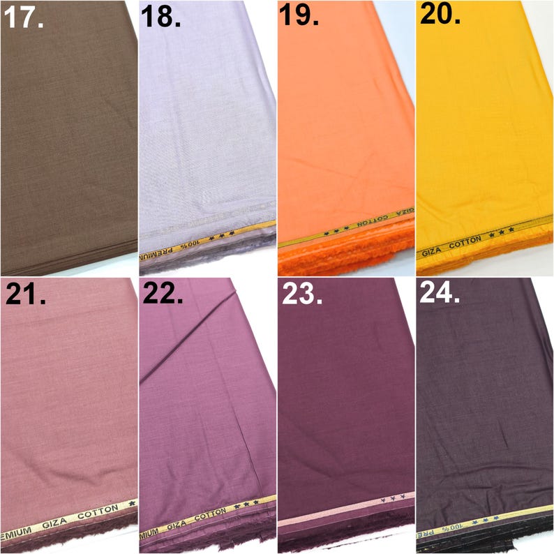 May include: A collection of eight fabric swatches labeled 17 through 24, featuring solid colors including brown, light gray, orange, yellow, dusty rose, mauve, deep plum, and dark charcoal, each with a selvedge edge marked Giza Cotton.