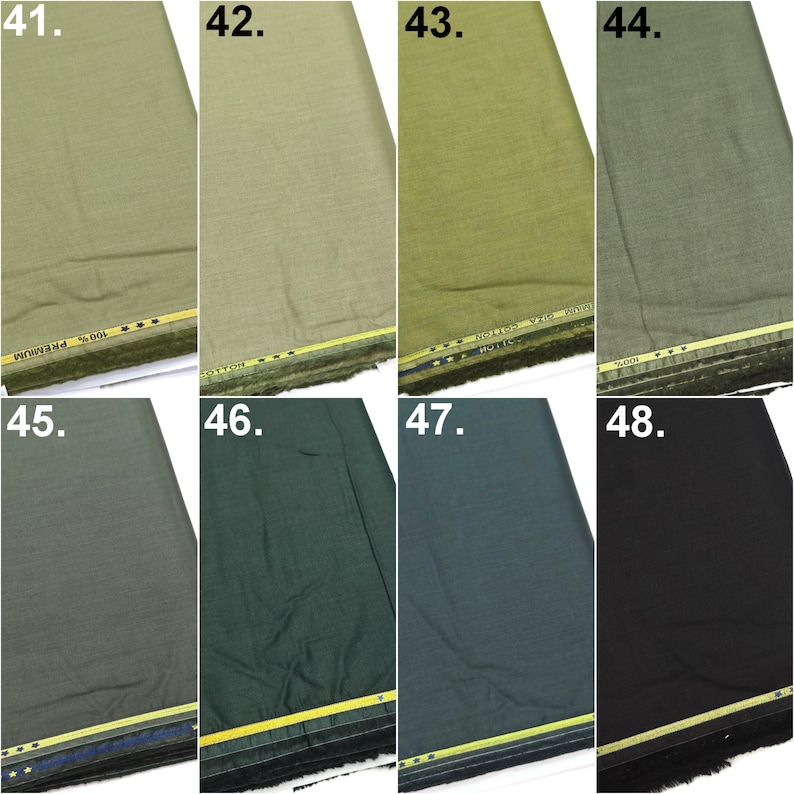 May include: A collection of eight fabric swatches labeled 41 through 48, displaying various shades of green, gray, and black. Each piece of fabric features a visible woven texture and a yellow selvage edge with the text 100% PREMIUM.