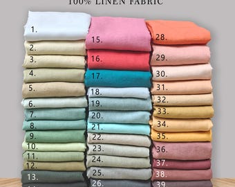 May include: A display of folded linen fabric in a range of colours, from white to deep purple. The image shows 40 different colour swatches, each numbered. The text "100% LINEN FABRIC" is at the top of the image.
