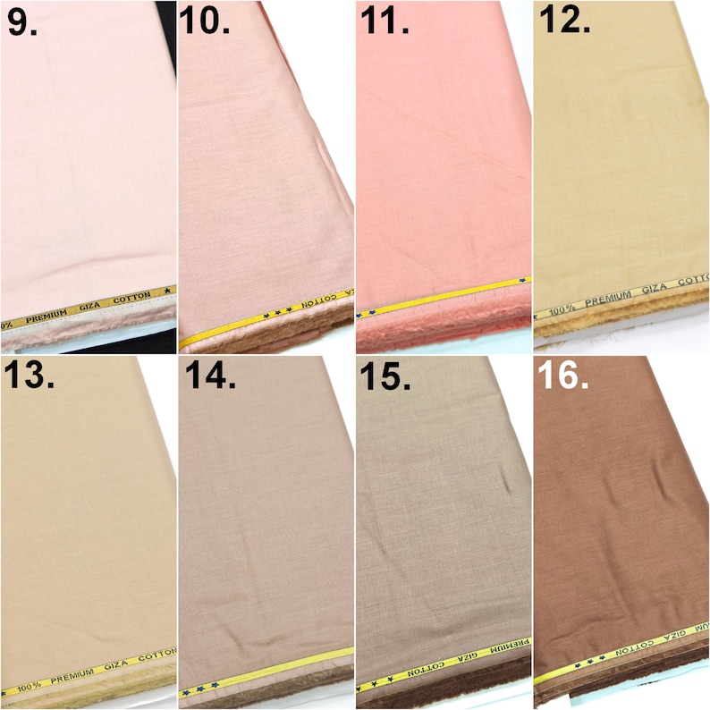 May include: A collection of eight fabric swatches in various shades of pink, beige, and brown. Each piece of fabric features a yellow selvage edge with the printed text 100% PREMIUM GIZA COTTON. The textiles display a fine, woven texture.
