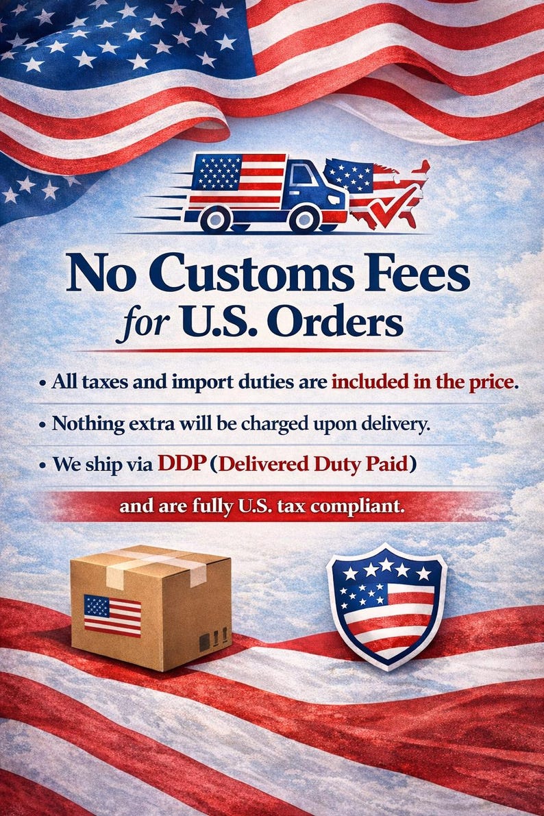 May include: A graphic featuring the American flag, a delivery truck with a flag design, and a shield with a flag pattern. Text reads: No Customs Fees for U.S. Orders, All taxes and import duties are included in the price, Nothing extra will be charged upon delivery, We ship via DDP (Delivered Duty Paid) and are fully U.S. tax compliant.