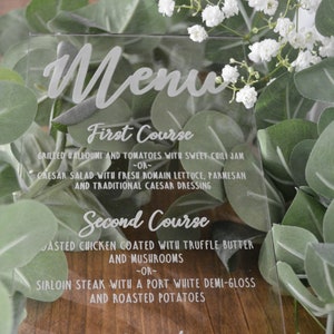 Custom 4 x 8 Acrylic Wedding Menu Cards Personalized Laser Engraved with your Text. Choose Font and Color. Acrylic Wedding Events