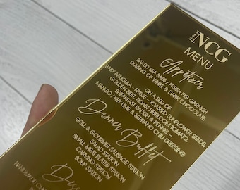 Custom 4 x 8 Acrylic Wedding Menu Cards Personalized Laser Engraved with your Text. Choose Font and Color. Acrylic Wedding Events