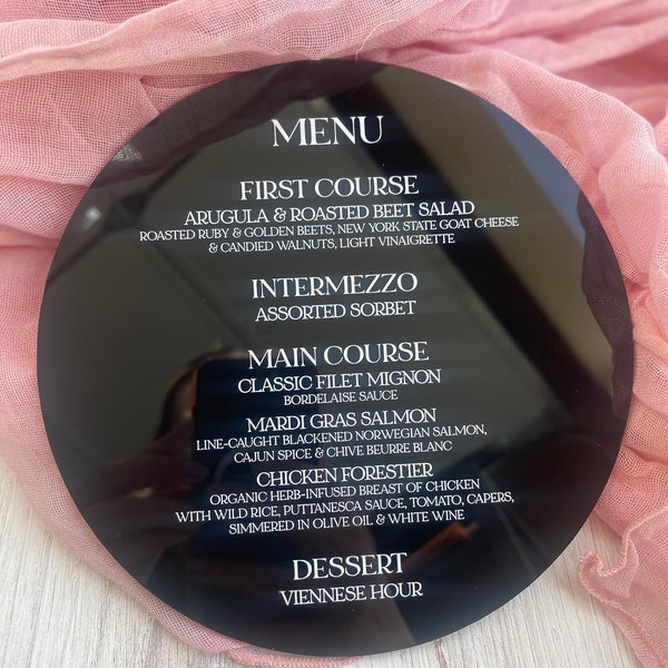 Personalized UV Printed Acrylic Menu | Circle, Wedding & Events, Custom, Dinner - Choose Font and Font Color