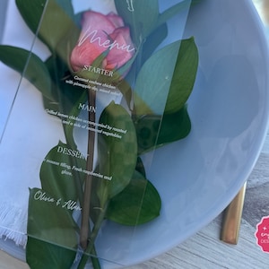 Personalized Bow Acrylic Dinner Menus with Stands | Custom, Wedding and Event | Choose Clear, Black or  Clear Frost | Luxury Menus