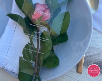 Personalized Bow Acrylic Dinner Menus with Stands | Custom, Wedding and Event | Choose Clear, Black or  Clear Frost | Luxury Menus