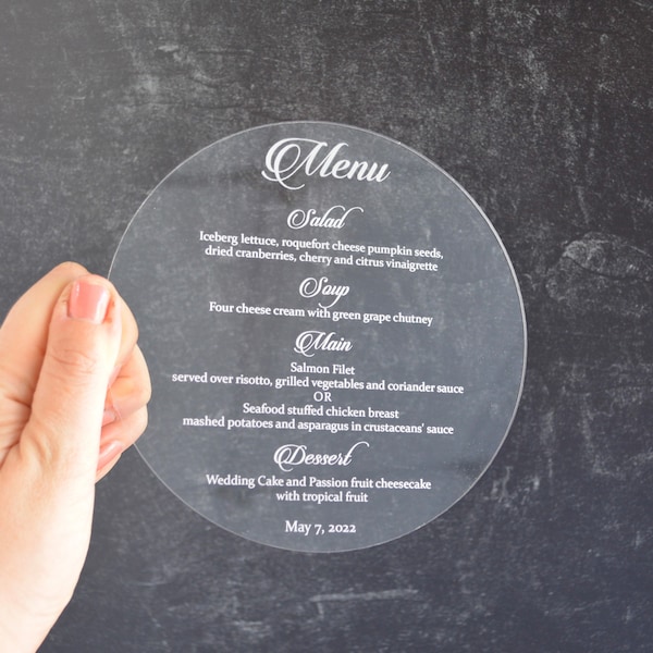 Custom Menu Elegant Circle Round Acrylic Wedding Menu Cards Personalized Laser Engraved. Choose Font and Color. Acrylic Wedding Events