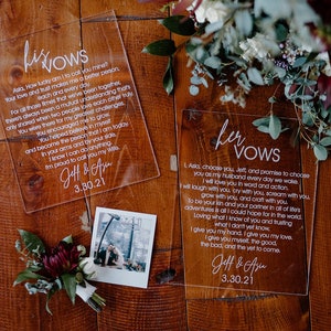 Custom Vow Sheets - His & Hers Personalised Keepsakes. Engraved Wedding Ceremony Vows. Set of Two