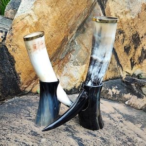 Set of 2 Viking Drinking Horn Mugs: Personalized Beer Tankard, Handmade