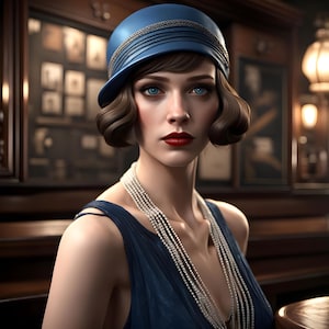 May include: A person with short brown hair wearing a blue cloche hat with silver chain detailing, a long multi-strand pearl necklace, and a dark blue sleeveless dress. The person has blue eyes and bright red lipstick, captured in a portrait.