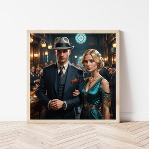 May include: A man and a woman in vintage attire stand in a dimly lit bar. The man is wearing a grey fedora, a dark suit, and a tie. The woman is wearing a teal dress with gold accents and a pearl necklace.