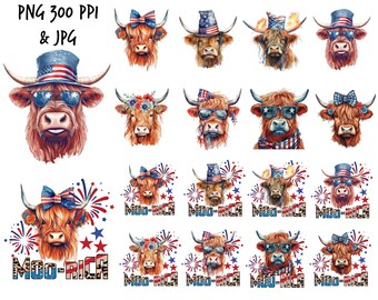 Highland cow 4th of july png JPG, 4th of july png, Cow 4th of july png 300 ppi high quality transparent, American Cow western 4th Of July
