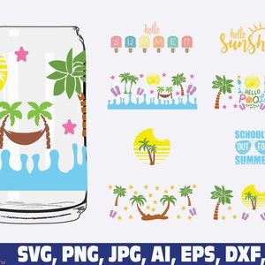 hello summer palm tree COFFEE glass wrap svg png, can glass wrap, 16oz Full Wrap Svg, Can Glass Svg,  Coffee Glass TEMPLATE, coffee can svg