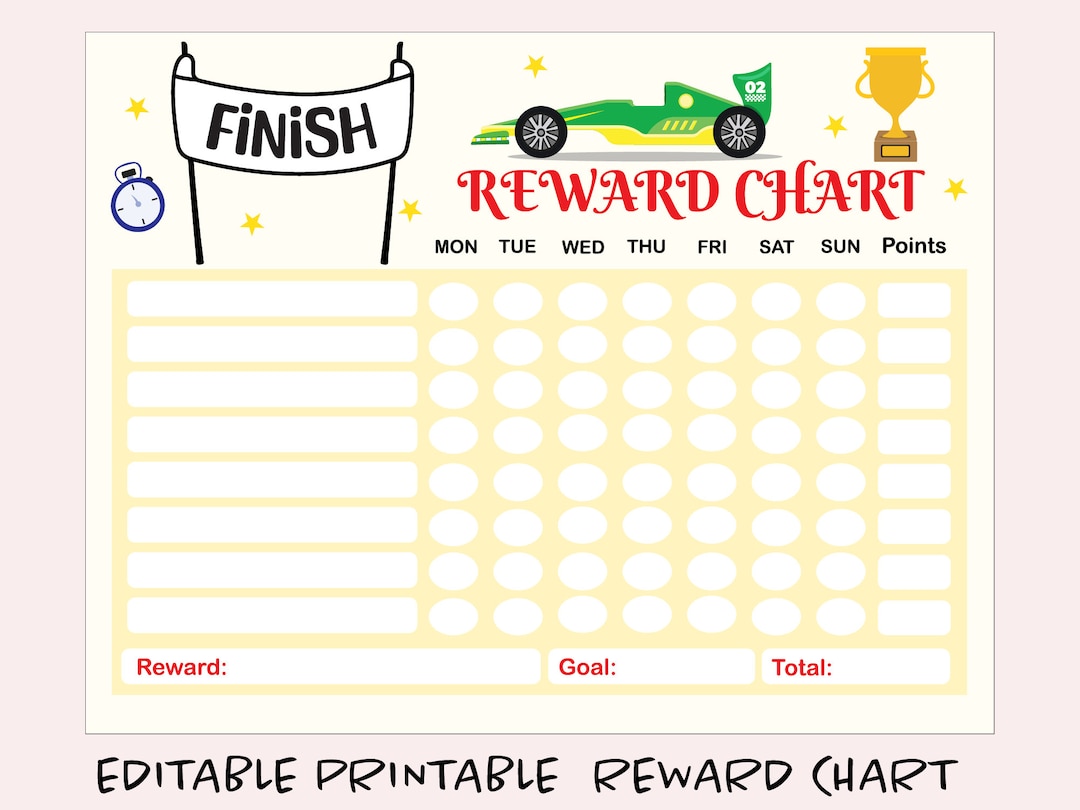Editable Race Car Games Reward Chart, Printable Reward Chart, Chore