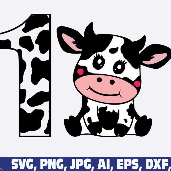 Cow number birthday svg, 1st birthday cow svg, first birthday Cow print svg, Birthday girl Kid cow svg png, cow number with baby cow svg png