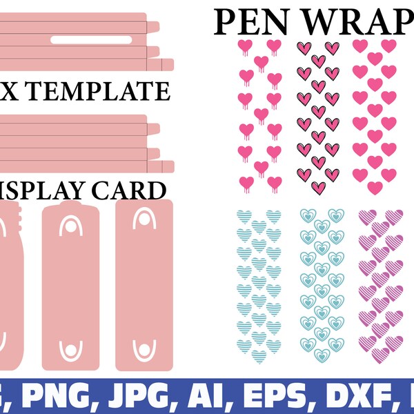 hearts glitter pen wraps svg, glitter pen hearts warp, Glitter Pen patterns svg, Pen Box Template, Pen Packaging, pen display card, pen wrap