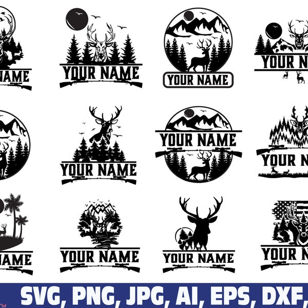 Caza de ciervos nombre marco signo SVG png dxf, cazador svg, caza svg, ciervo svg, caza de ciervos svg, bosque de pinos svg, marco de monograma de caza